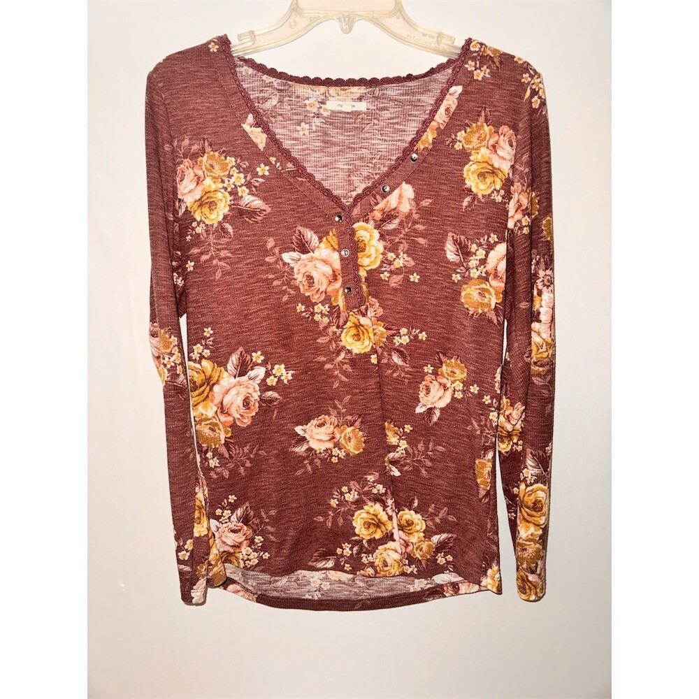 Maurices Henley Top Womens L Burgundy Floral Rose Long Sleeve Lace Trim